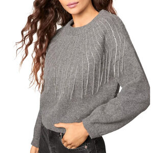 BB Dakota If You Fancy Gray Embellished Fringe Sweater XS Sparkle Western Glam